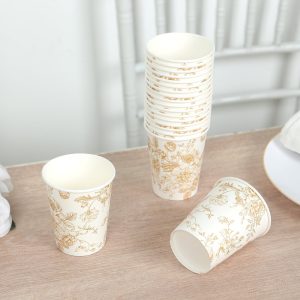24-Pack Paper Cups 9oz White with Gold French Toile Print - Chic Disposable Floral Party Cups for Hot & Cold Beverages