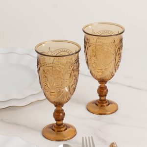24-Pack Plastic Vintage Goblets – 10oz Amber Gold Retro Embossed Wine Glasses, Elegant Water & Juice Cups - 7" Tall