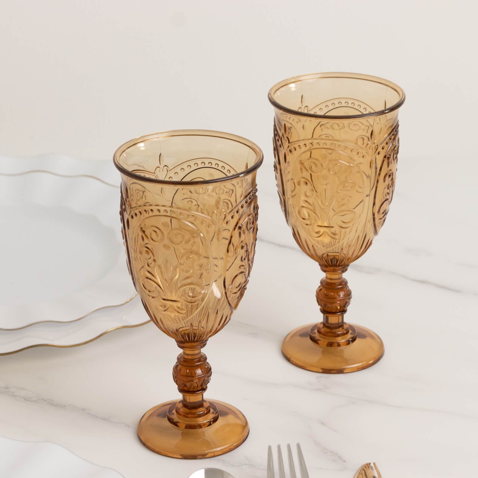 24-Pack Plastic Vintage Goblets – 10oz Amber Gold Retro Embossed Wine Glasses, Elegant Water & Juice Cups - 7" Tall